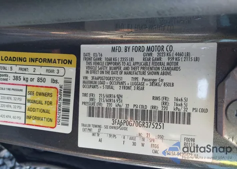 2016 Ford Fusion S z USA, uszkodzony, nr VIN 3FA6P0G70GR375251